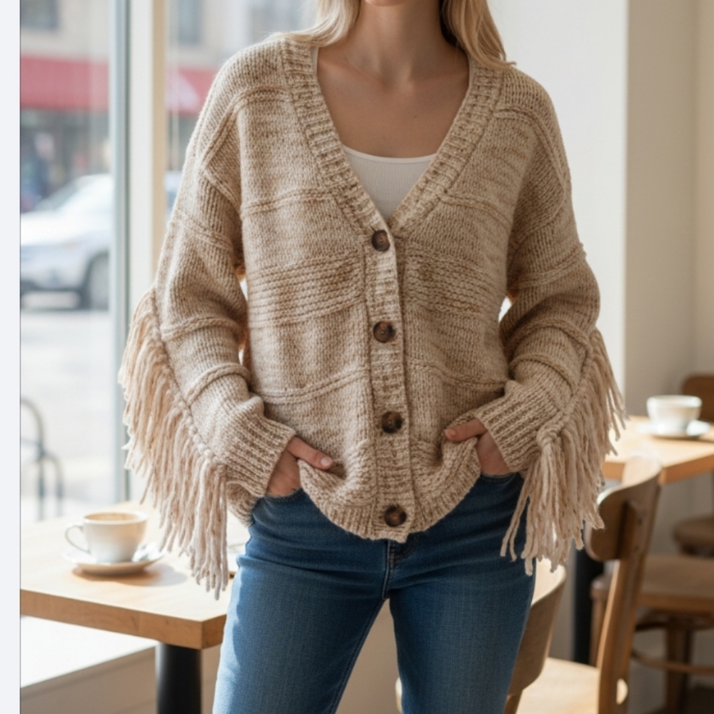 Jessica Simpson Boho Fringed Arm Style  Front Button Up Sweater
